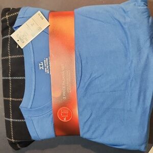 2pc Mens Pajama Set Long Sleeve Shirt Blue Microfleece Pants Plaid XL New